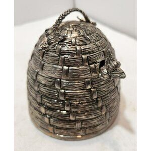 Vtg Godinger Silverplate Beehive Honey Pot with Lid, Stirrer and Glass Insert